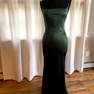 Dark Green Satin long square neck fishtail dress